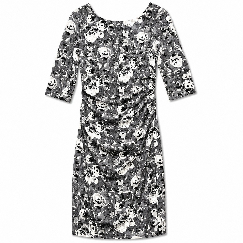 Tracy Reese Silk Dress Womens 8 Gray Floral Ruched Stretch Sheath Cocktail Party